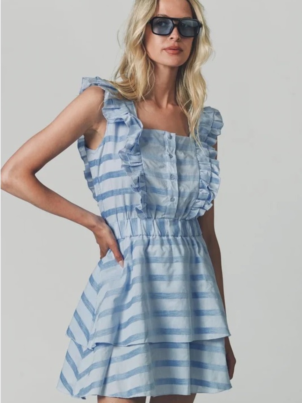 The Shirt by Rochelle Behrens Light Blue & White Striped Ruffle Mini Dress
